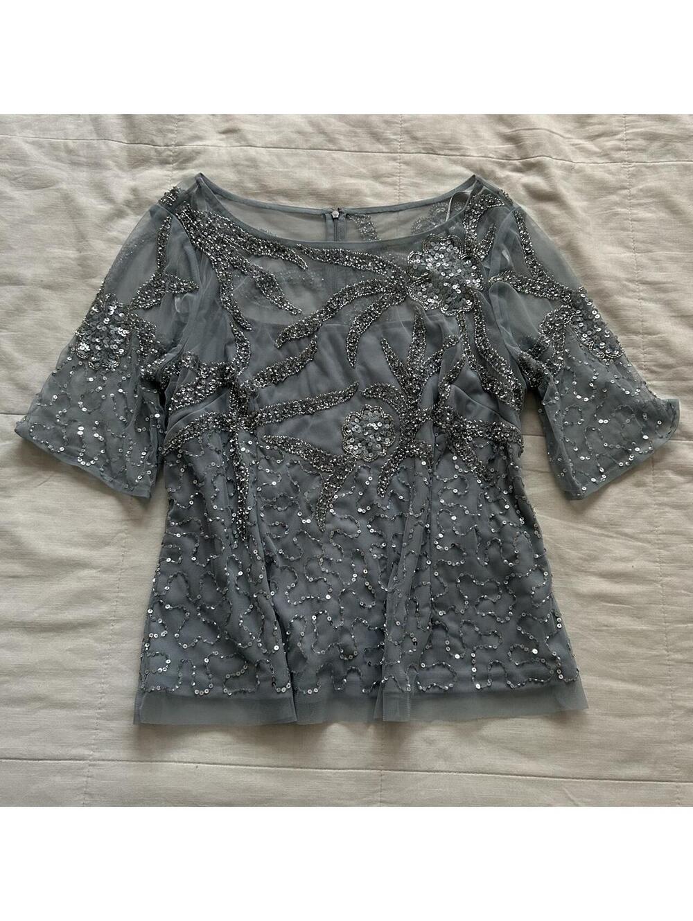Adrianna Papell Sequin Beaded Floral Mesh Blouse Blue Gray Size 14